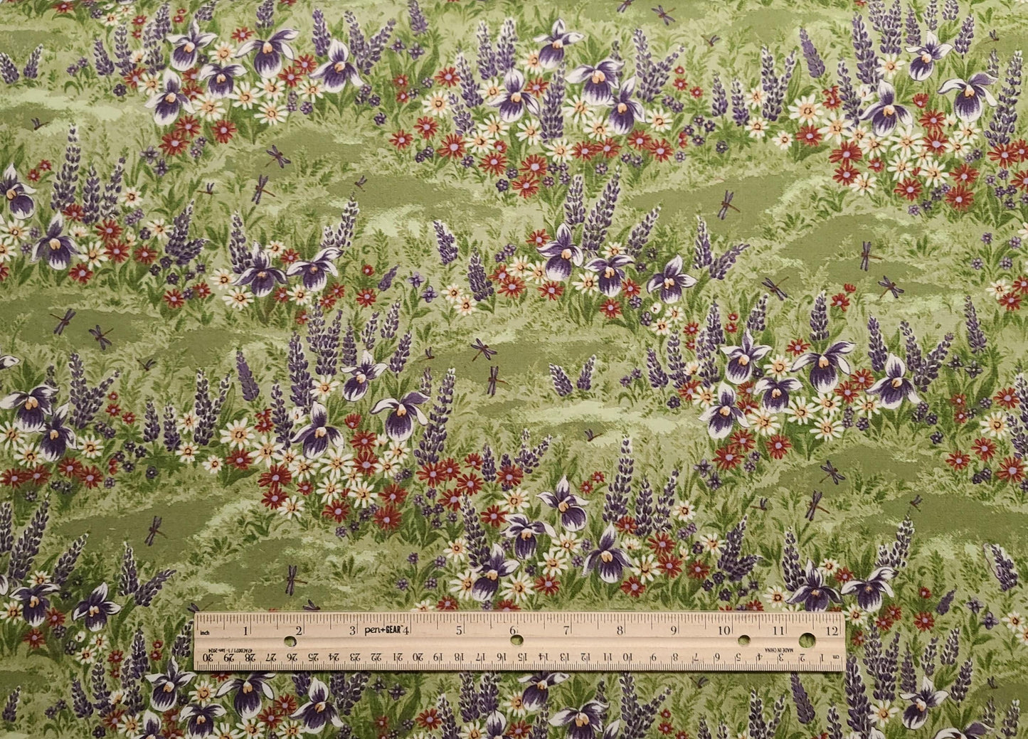 Lady Slipper Lodge by Holly Taylor for Moda Stock #6581 - Olive Tonal Fabric / Purple, Red, White Flower Meadow Print