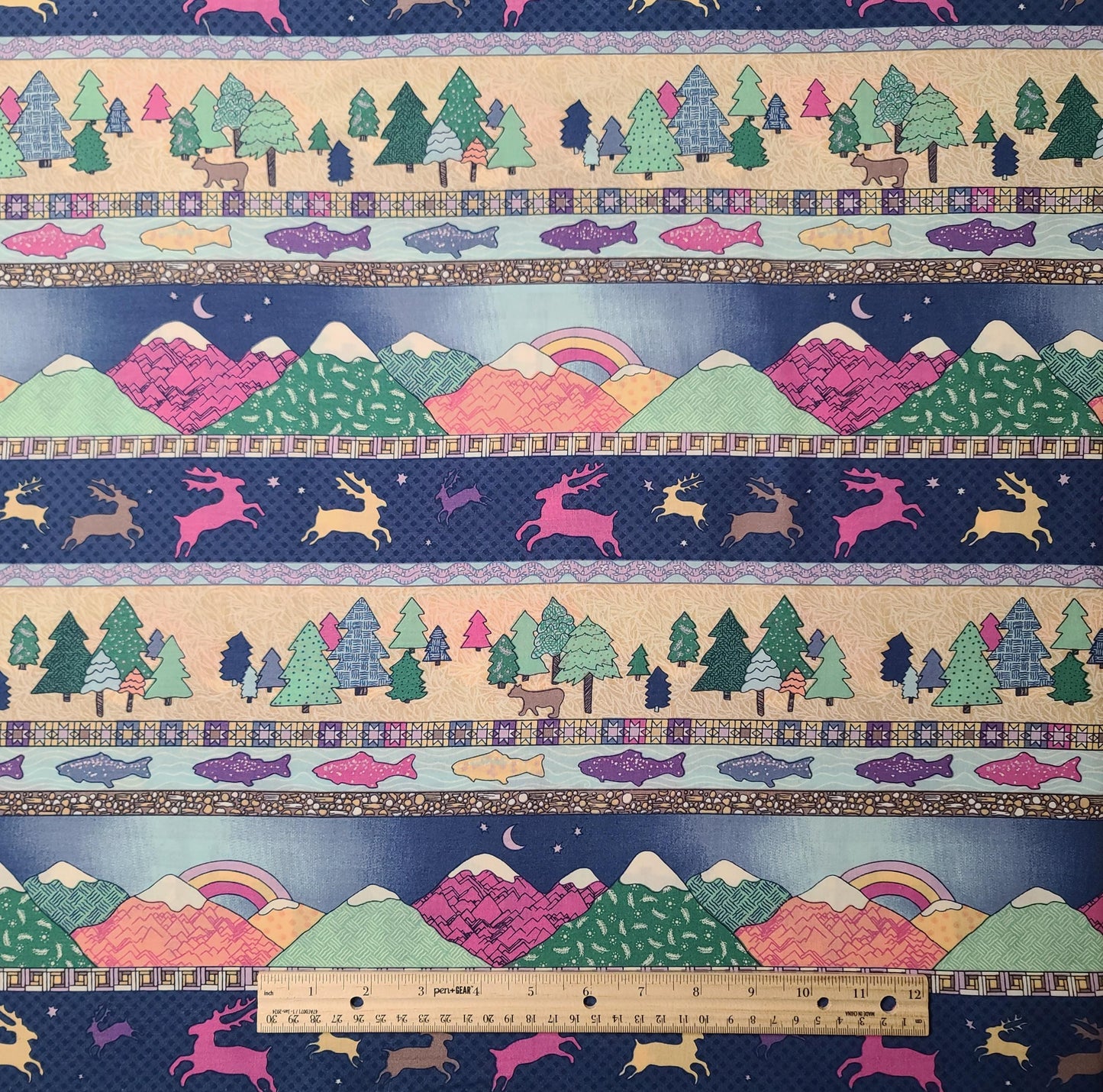 Pine Brook Collection by Jean Wells for P&B Textiles - Navy, Pink, Green, Tan Wildlife, Fish, Mountains Border Stripe Print - Pink Colorway