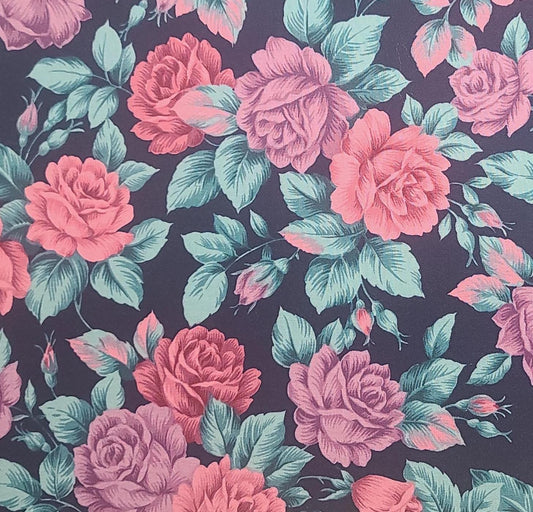 Coventry Collection by Hoffman California Fabrics Inc - Indigo Fabric / Lavender, Pink, and Turquoise Rose Print Fabric