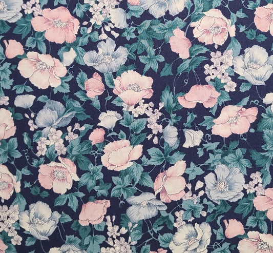 Country Side Collection by Hoffman California Fabrics - Navy Fabric, Packed Pink, Pale Blue, White, Hunter Green Floral Print