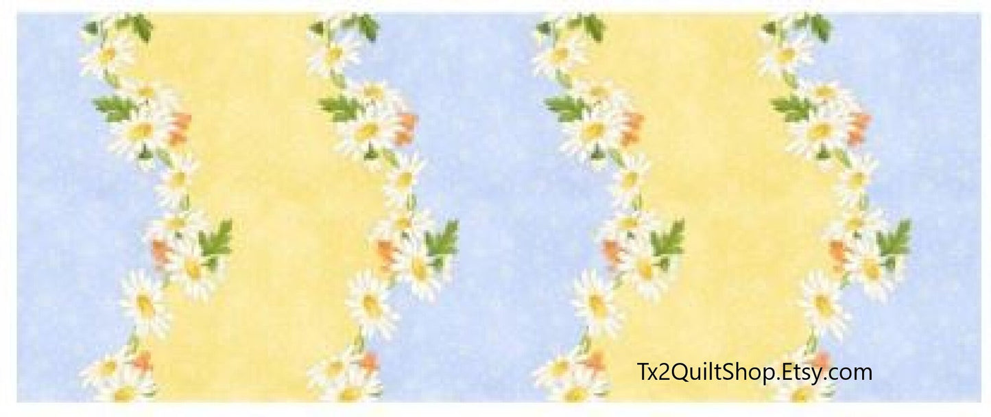 Maywood Studio Border Print Fabric - Fresh as a Daisy - Blue and Yellow Wavy Stripe Fabric