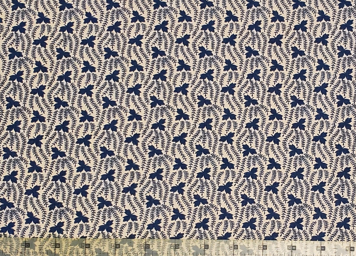 Cream Fabric - Navy Leaf Pattern