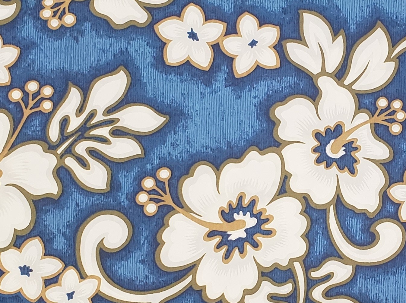 Hawaiian Print - Blue Fabric / White Flowers and Leaves / Gold Accents