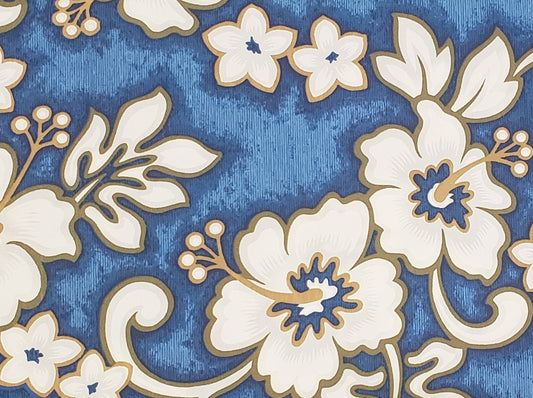 EOB - Hawaiian Print - Blue Fabric / White Flowers and Leaves / Gold Accents