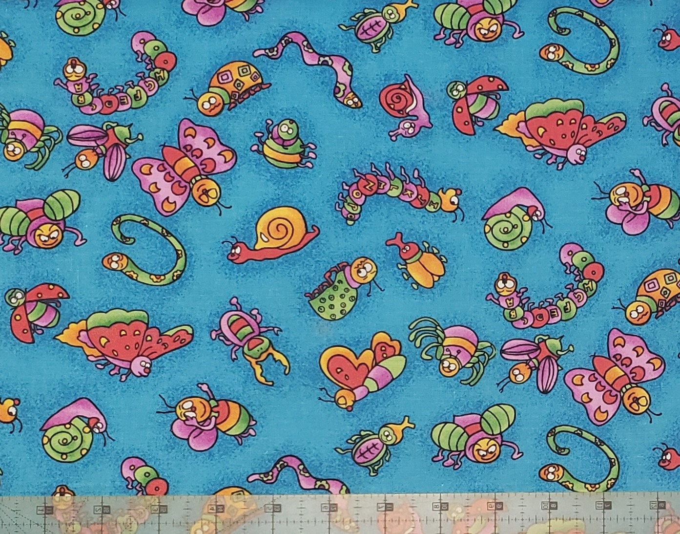 Beth Ann Bruske for David Textiles - Bright Blue Fabric / Vibrant Cartoon-Style Insects
