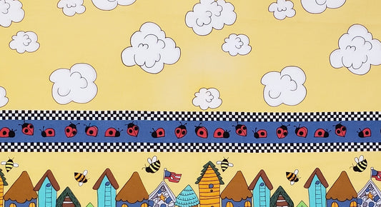 Cynthia Young Hedgehog Productions - Yellow Border Print Fabric / White Clouds / Stripes are from Selvage: Bees, Houses, Ladybugs