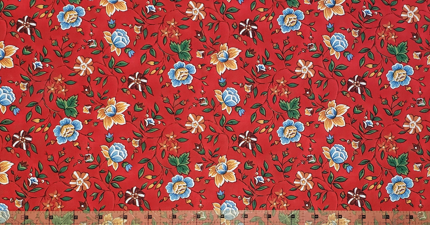 EOB - Deep Red Fabric / Goldenrod and Periwinkle Flowers