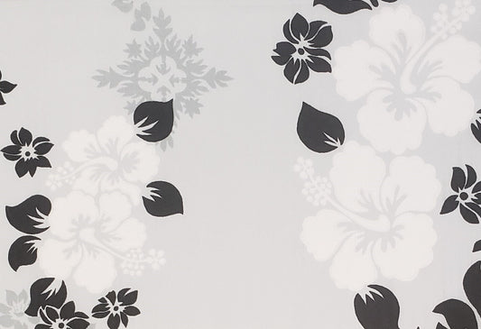 Trans-Pacific Textiles #XYZ-0080 - Hawaiian Print - Pale Gray Fabric / Black, White and Dark Gray Flower Print