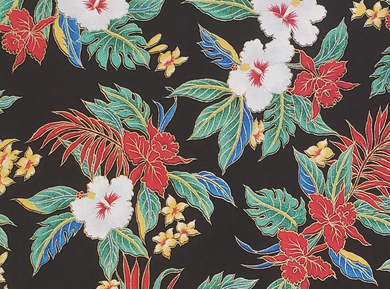 Trans-Pacific #LMH-02-171 - Black Fabric / Red, Blue, White, Yellow and Emerald Green Tropical Floral Print / Metallic Gold Accent