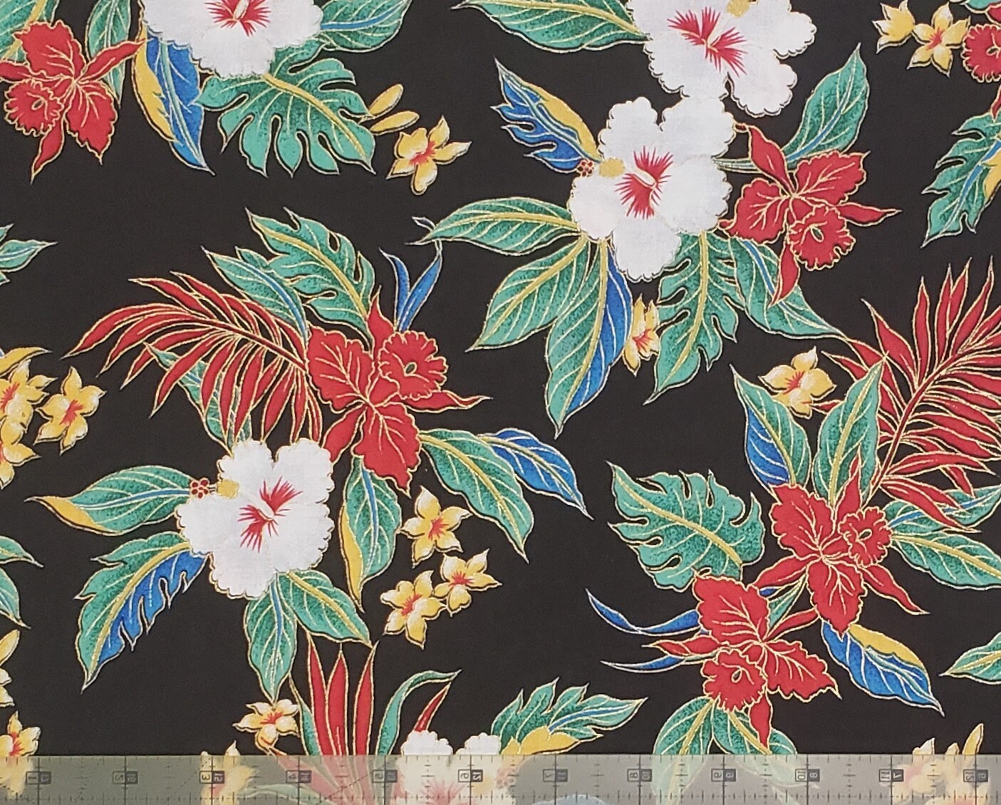 Trans-Pacific #LMH-02-171 - Black Fabric / Red, Blue, White, Yellow and Emerald Green Tropical Floral Print / Metallic Gold Accent