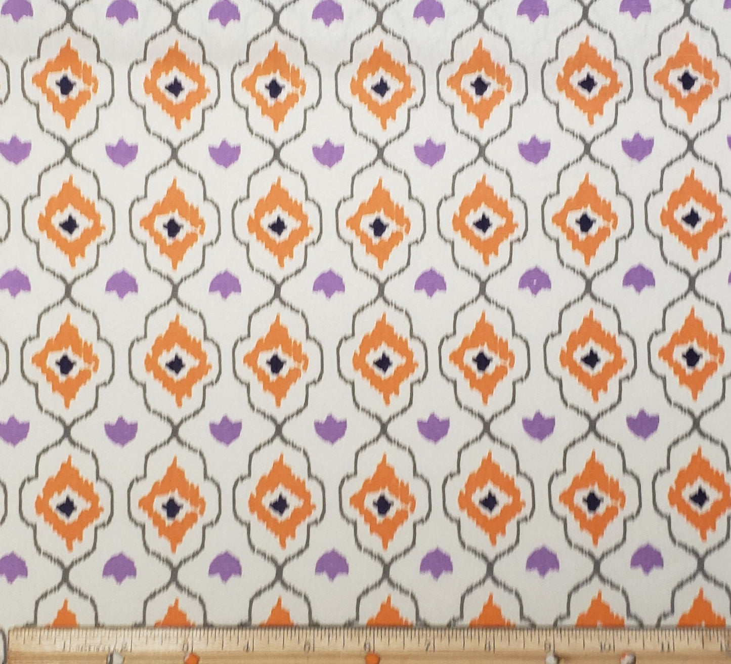 Lozenge Fabric - Soft White Fabric / Gray, Orange, Lavender and Purple Print