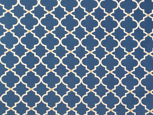 Colonial Blue Fabric - Off-White Design with Copper Metallic Details