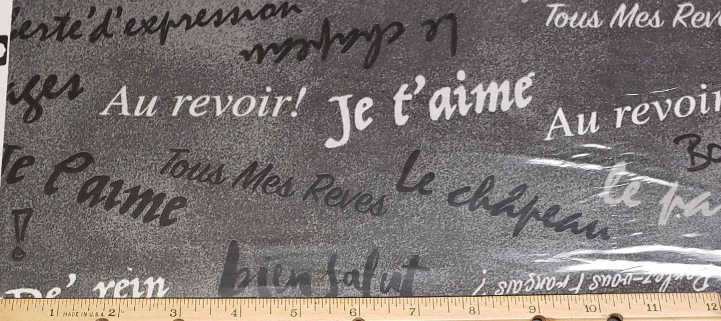 Gray Tonal Fabric / Dark Gray and White French Script Print