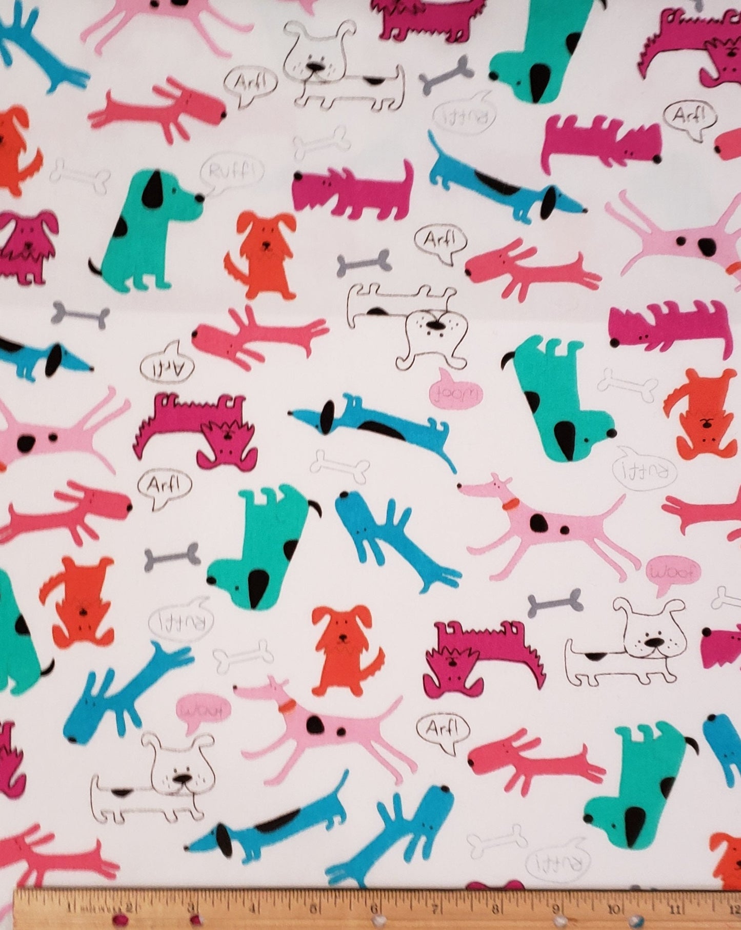 EOB - Style #44882 - White Fabric / Pink, Teal and Turquoise Cartoon-Style Dog Print