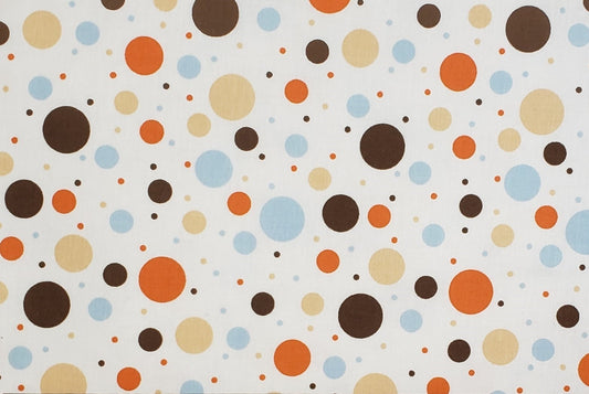 White Fabric - Brightly Colored Light Blue, Orange, Brown and Tan Dots