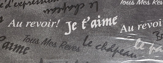 Gray Tonal Fabric / Dark Gray and White French Script Print