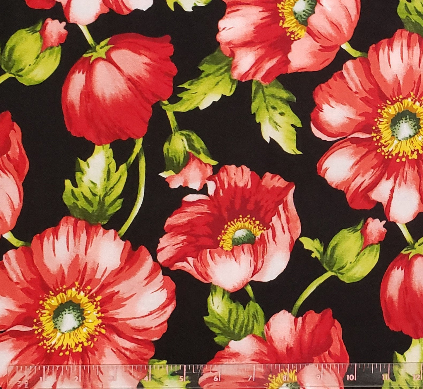 Marcus Brothers Textiles - Black Fabric / Red and Pink Poppies