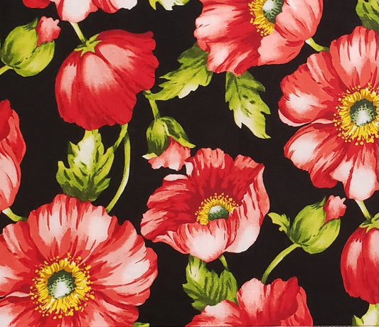 Marcus Brothers Textiles - Black Fabric / Red and Pink Poppies