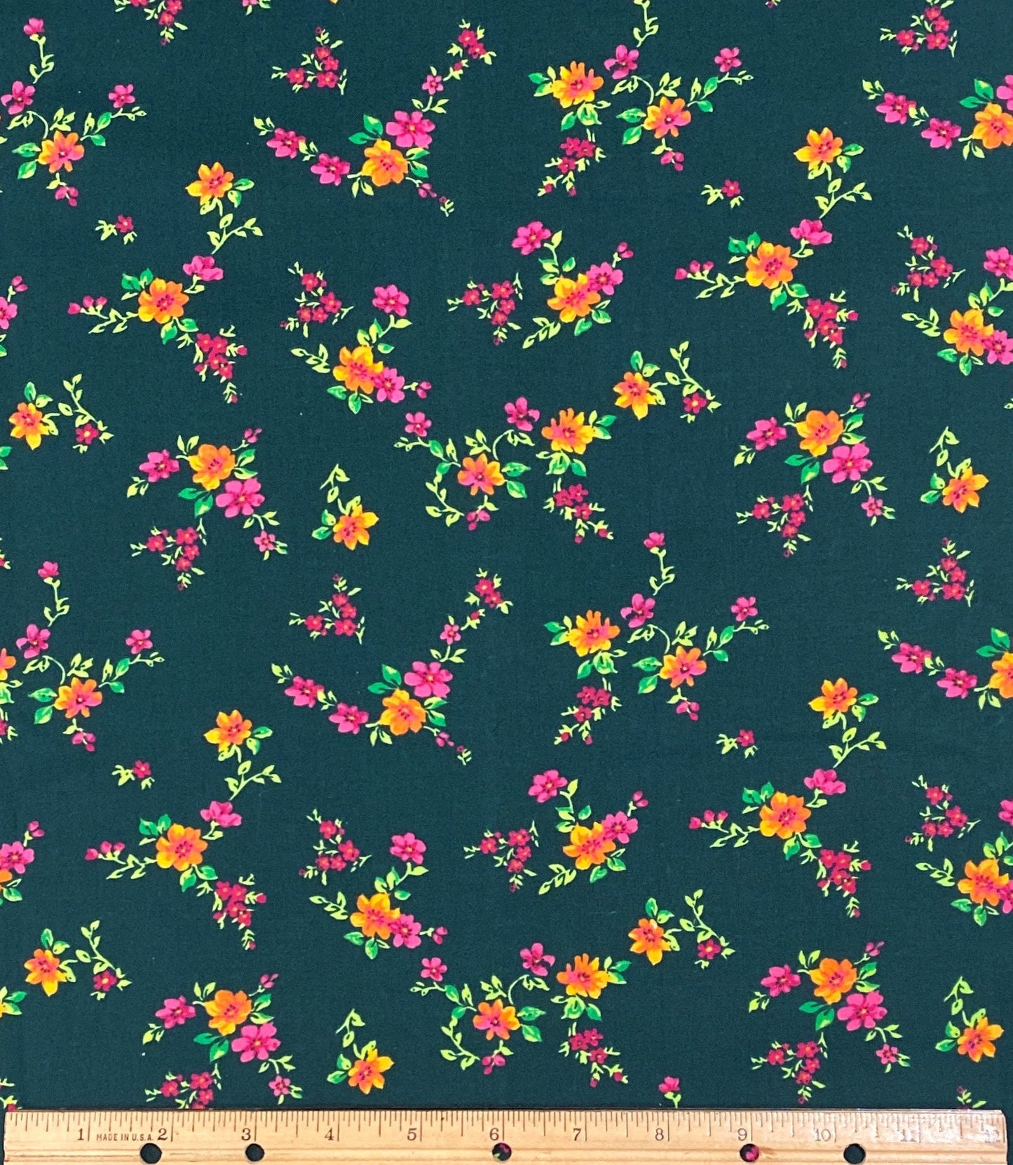 Deep Emerald Green Fabric / Bright Pink and Yellow Flowers