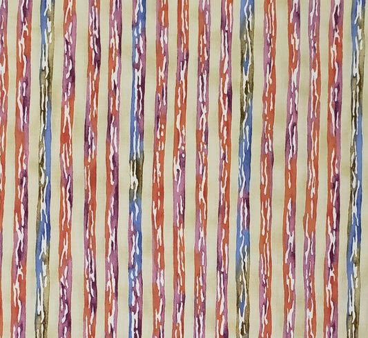 Tea and Flowers by Diana Pomeroy / Potato Prints for CLOTHWORKS Light Tan Fabric / Pink, Orange, Blue Stripes