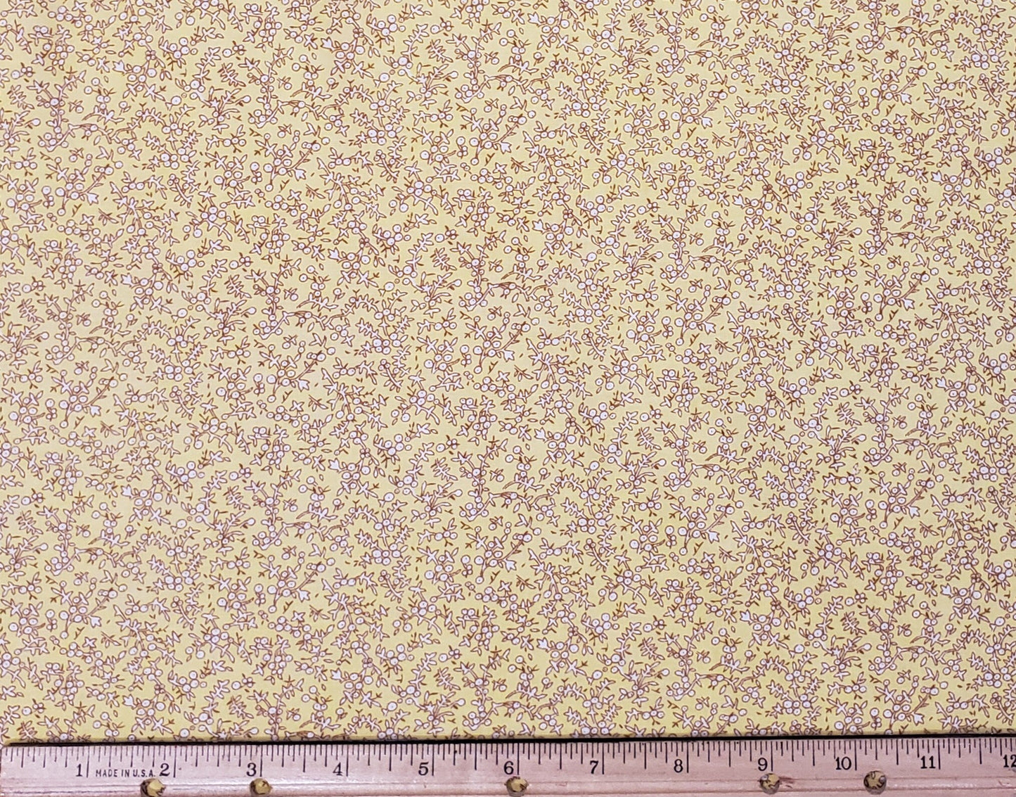 Golden Yellow Fabric - Tiny White Berry / Brown Vine Pattern