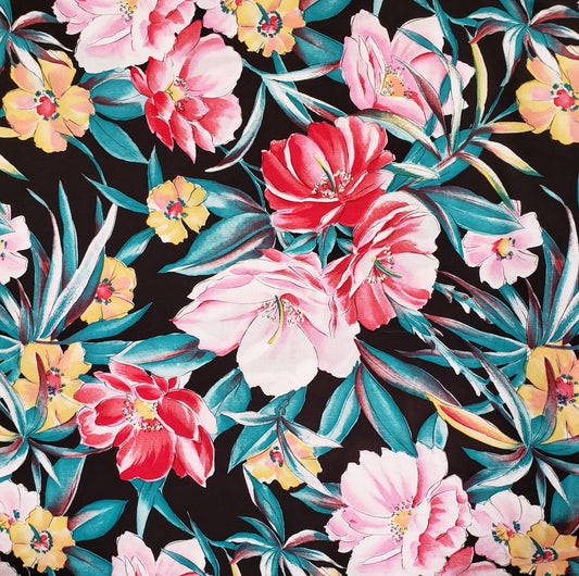 Cranston Print Works Schwartz Liebman Textiles - Black Fabric / Giant Pink, Red and Yellow Flower Print / Blue-Green Leaves