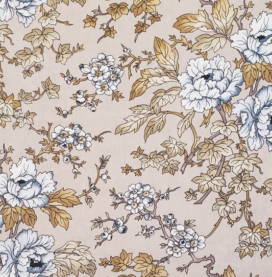 Cloisonne by Kent Avery - Taupe Fabric / Blue Floral Print with Gold Tone Leaves