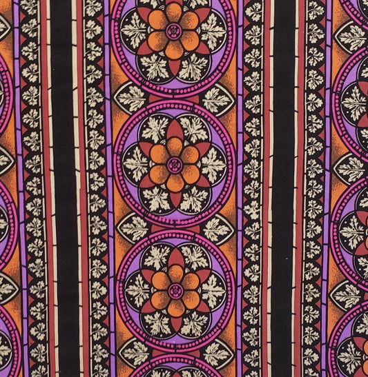 Mary Ellen Hopkins - Black Fabric / Rust, Purple, Orange Pattern - 42" WIDE FABRIC - Selvage only on one side