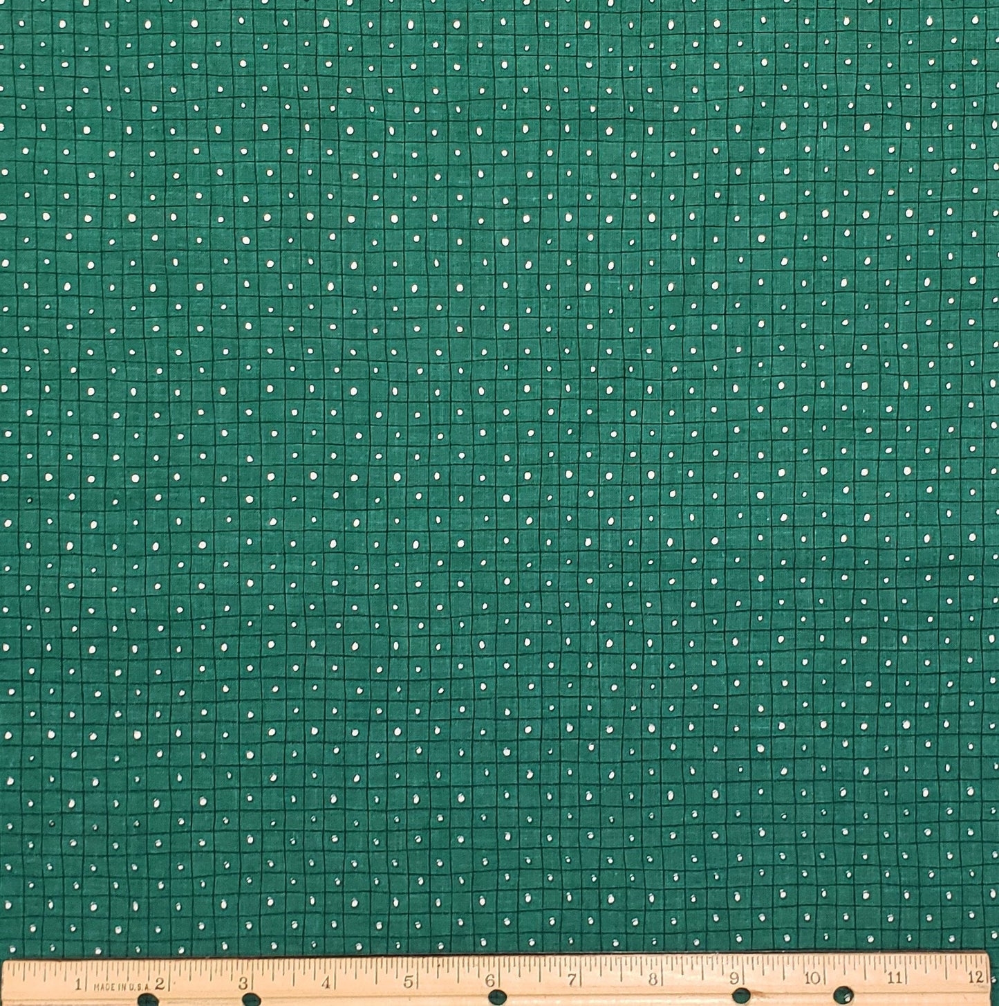 Fabric Traditions 1997 #2654 Whims Z by Mari - Dark Green Fabric / White Spots in Black Crosshatch Pattern