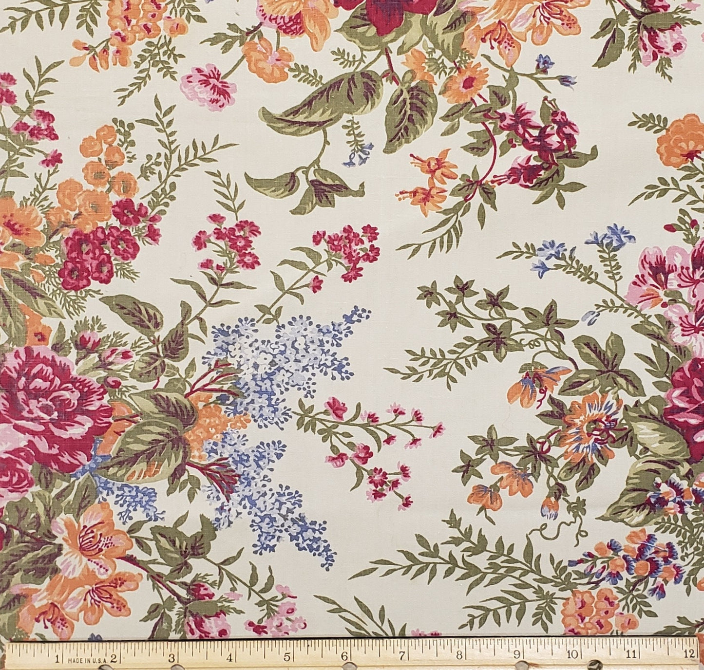 Ecru Fabric - Bunches of Pink, Orange and Blue Flowers with Dark Olive Stems and Leaves