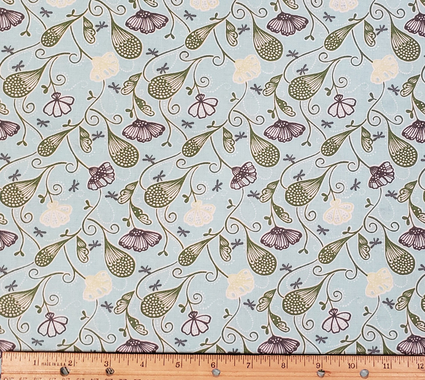 Light Blue Fabric / Gray Flower and Dragonfly Pattern with Green Leaves