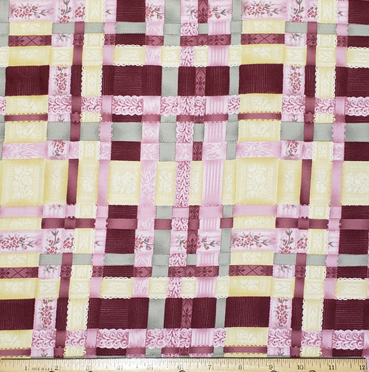 Sheer Holiday by RJR Fabrics 2003 - Gold, Burgundy, Mauve Windowpane Plaid Fabric