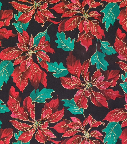 EOB - A Woodland Winter by Hoffman International Fabrics - Black Fabric / Poinsettia Print / Gold Metallic Details