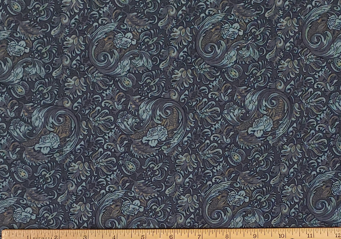 EOB - Peter Pan Fabrics Pattern 1046 - Light Navy Fabric / Light Blue and Gold "Damask" Style Pattern