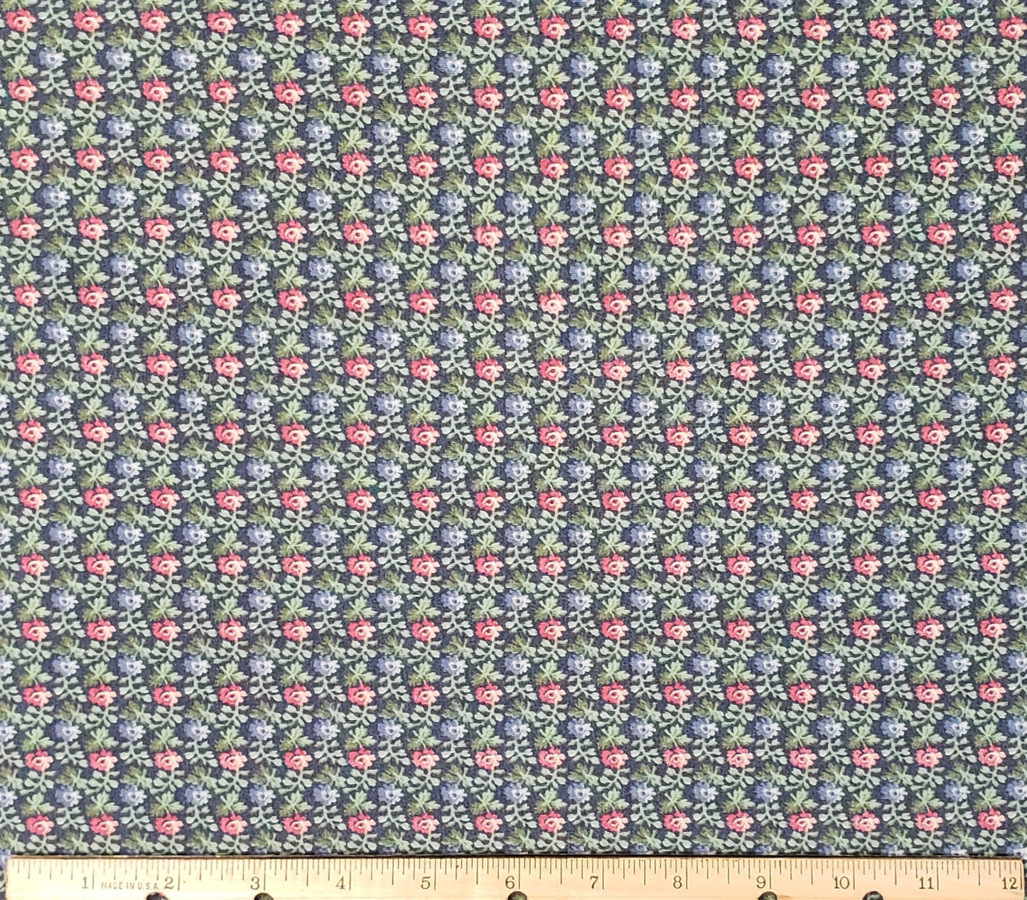 Dark Blue Fabric / Pink and Blue Flowers / Leaf Pattern