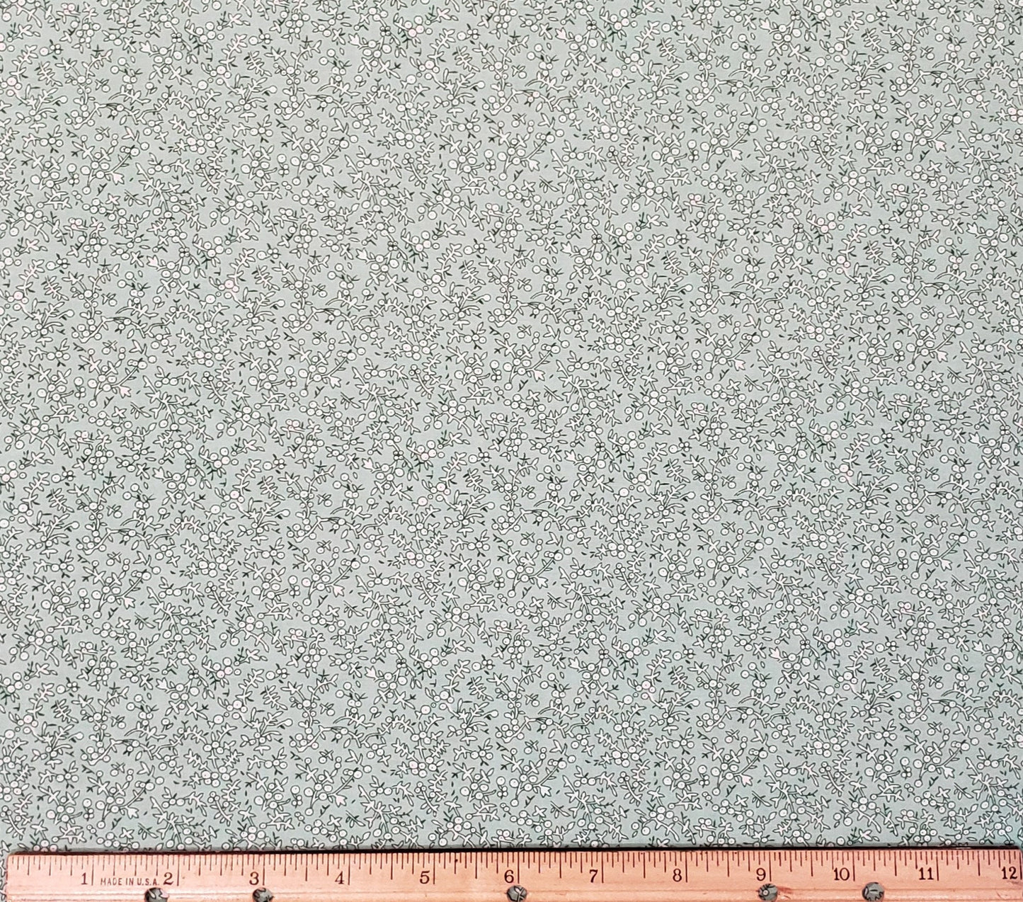 Mint Green Fabric / Tiny White Berry and Vine Pattern