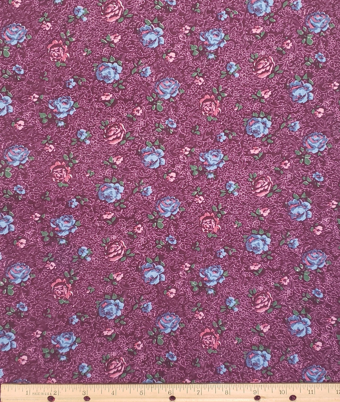 Peter Pan Fabrics - Purple Fabric / Pink and Light Blue Roses