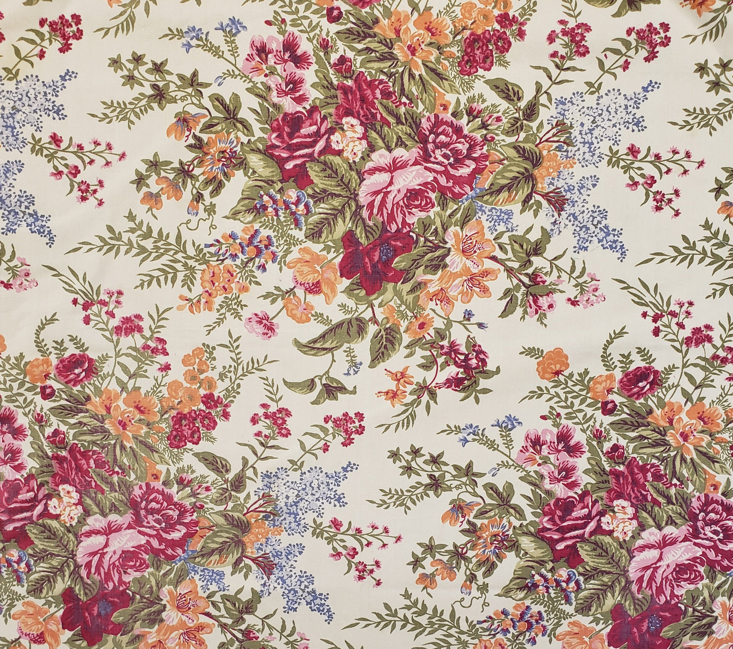 Ecru Fabric - Bunches of Pink, Orange and Blue Flowers with Dark Olive Stems and Leaves