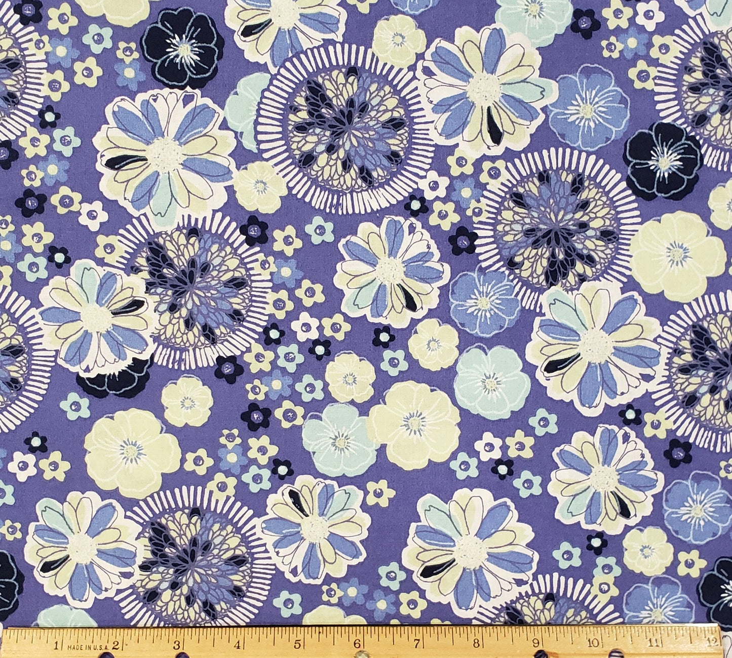 Medium Blue Fabric / Pale Green, Blue White and Dark Blue Flowers