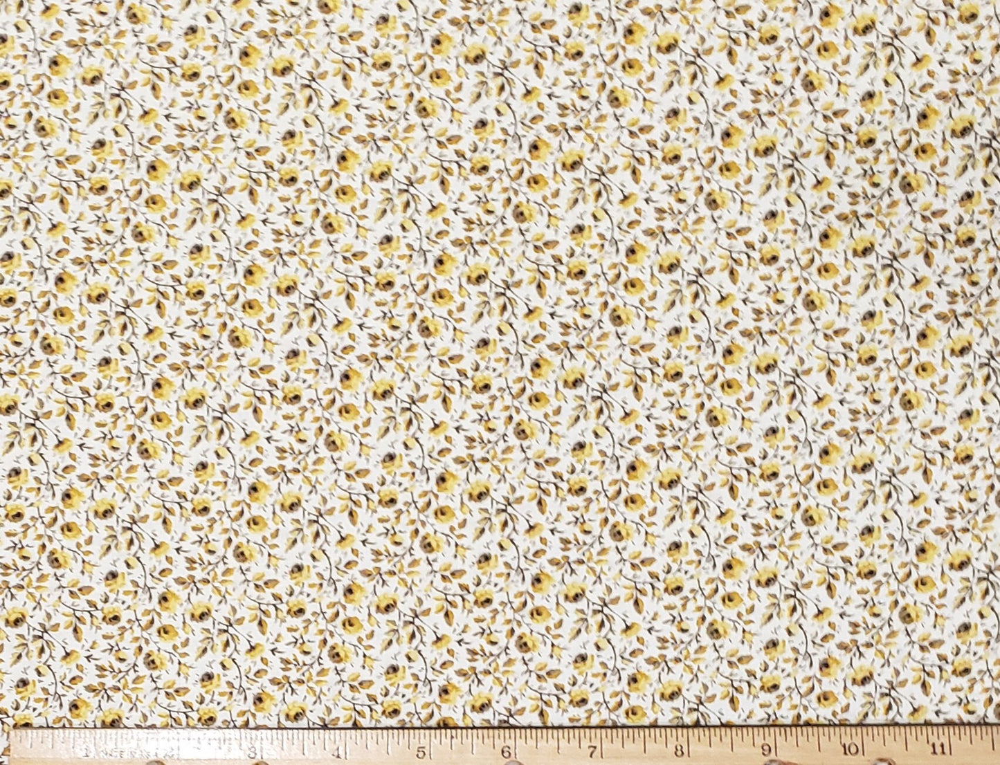 Classic Cottons - Soft White Fabric / Golden Yellow Flower Pattern with Dark Brown Stems