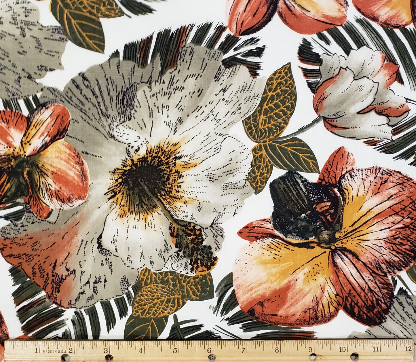 Cranston Print Works - Schwartz Liebman Tex - Offwhite Fabric / Large Floral Pattern in Grays and Burnt Orange