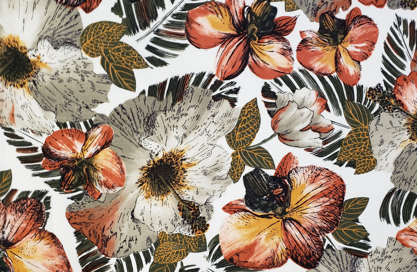 Cranston Print Works - Schwartz Liebman Tex - Offwhite Fabric / Large Floral Pattern in Grays and Burnt Orange