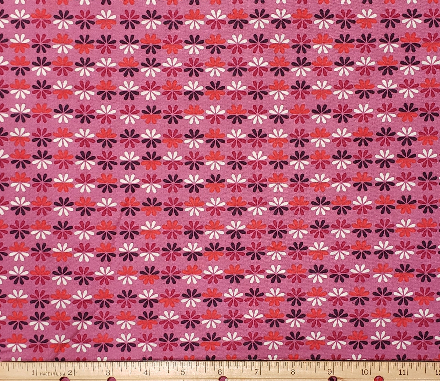 Wild & Wonderous D#1174 - Dark Pink Fabric / Red, Purple and White Retro Daisy Pattern