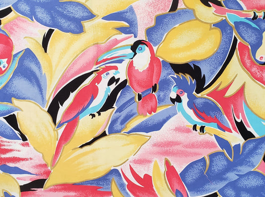 Tropical Bird Pattern on Pink / Yellow / Blue Watercolor-Style Leaf Background Fabric