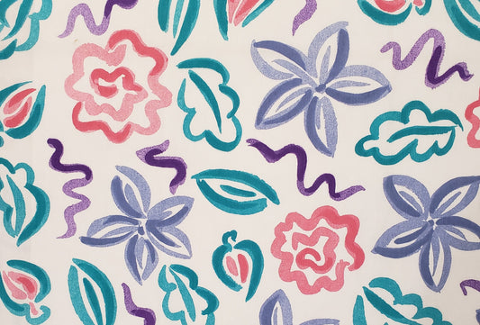 White Fabric / Teal, Blue and Pink "Brushstroke" Flower Design - 60" wide