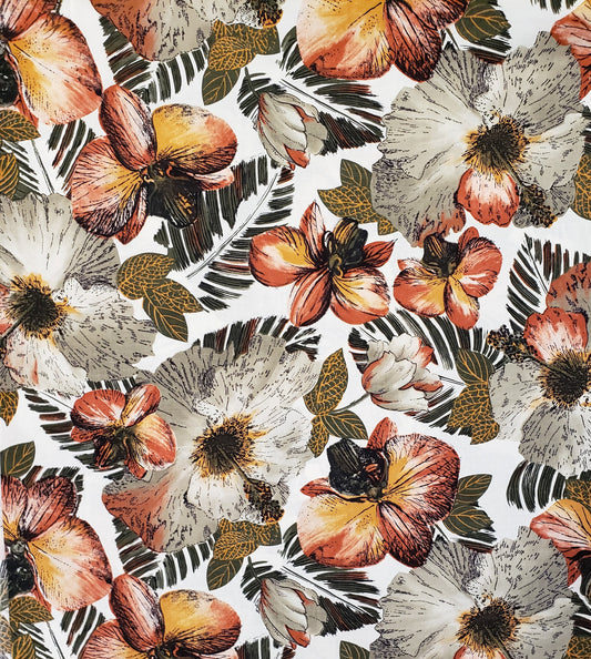 Cranston Print Works - Schwartz Liebman Tex - Offwhite Fabric / Large Floral Pattern in Grays and Burnt Orange