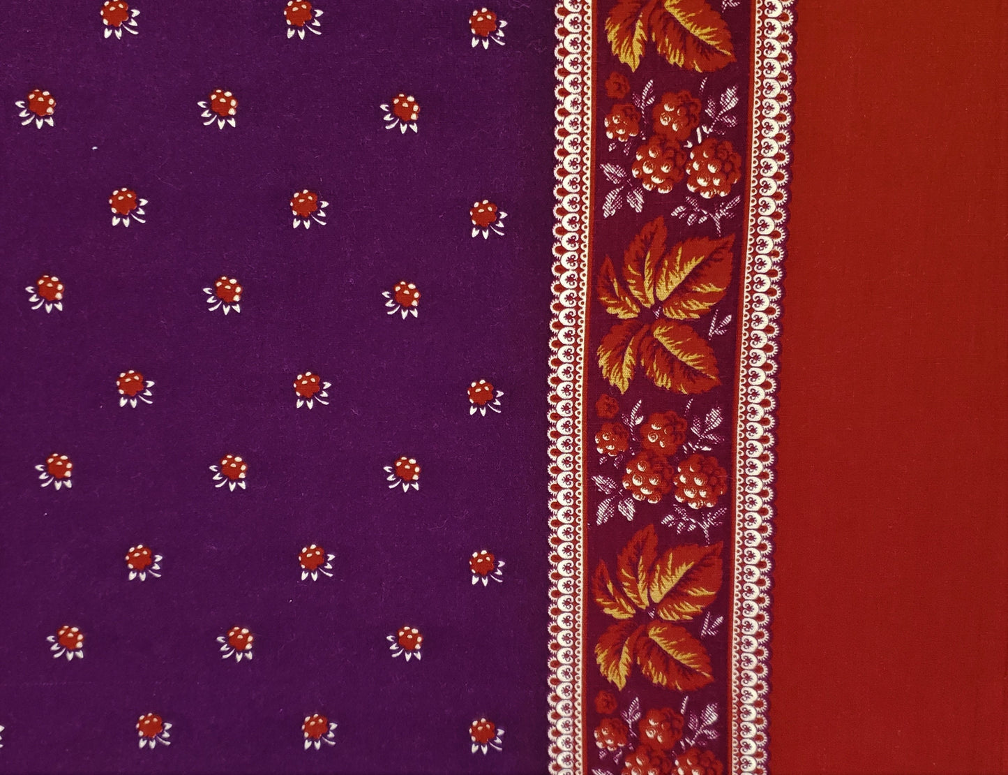 Autumn Single Border Fabric-Appr 3" Wide Rust Border on One Selvage/2-1/2" Rust and Plum Leaf & Berry Stripe/Scattered Berries on Dark Plum