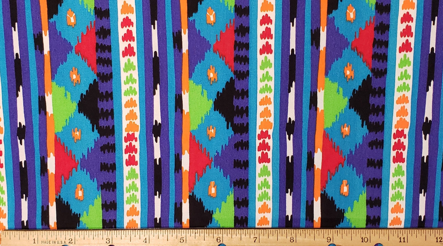 Cranston Print Works - Schwartz Liebman, Tex. USA - Vibrant Southwest Style Strpe Fabric in Purple, Green, Orange and Blue