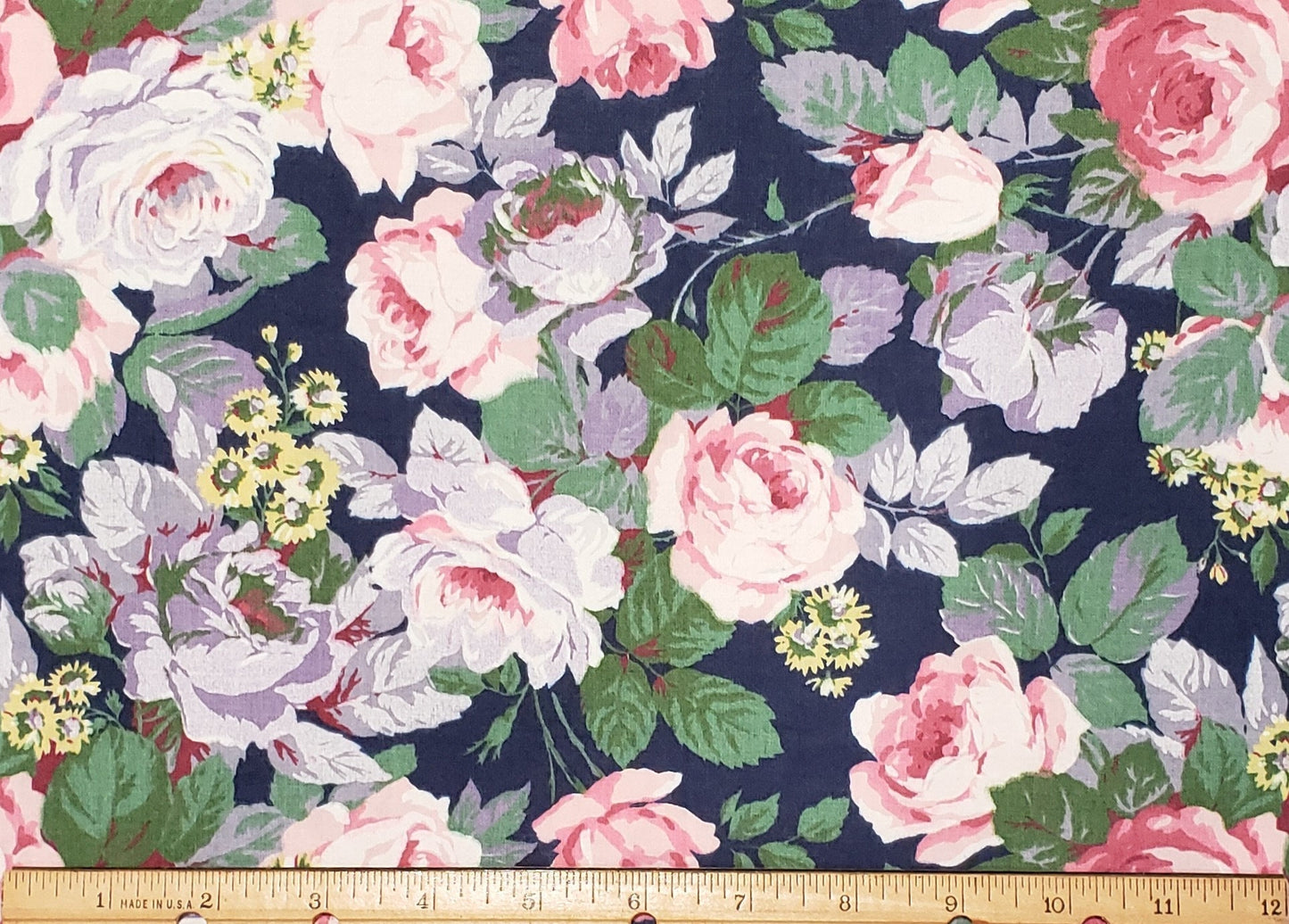 Dark Blue Fabric / Pink and Lavender Rose Pattern - 60" Wide