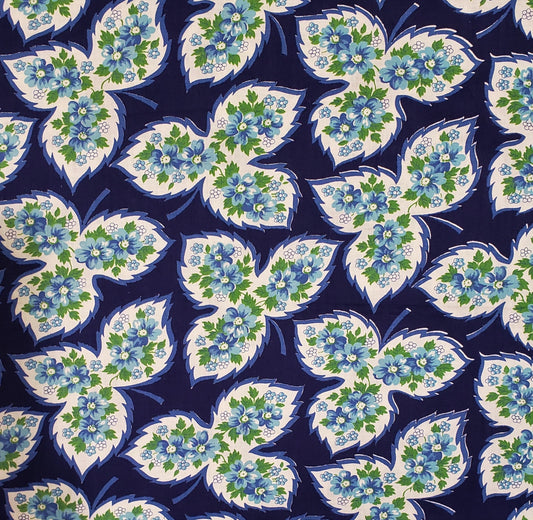 Vintage Fabric - Dark Blue / White Leaf Print with Blue and Green Floral Pattern in Leaves - 35" Wide - Selvage to Selvage Print